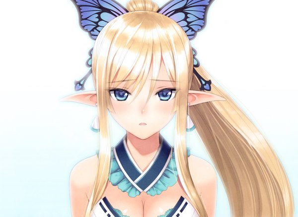 イラスト 6084x4449 と shining (series) shining resonance kirika towa alma 田中貴之 ソロ 長髪 カメラ目線 highres 開いた口 青い目 金髪 白背景 absurdres ポニーテール エルフ耳 scan 仕事絵 女の子 髪飾り ちょうちょうの髪飾り