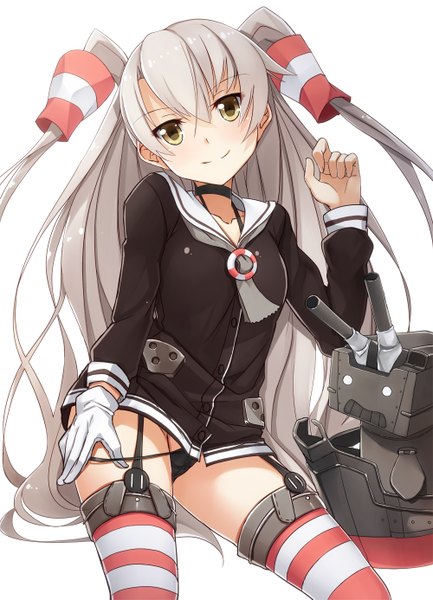 Anime picture 1000x1385 with kantai collection amatsukaze destroyer rensouhou-kun kawasaki kana long hair tall image looking at viewer blush light erotic simple background white background yellow eyes grey hair two side up girl thighhighs dress gloves underwear panties
