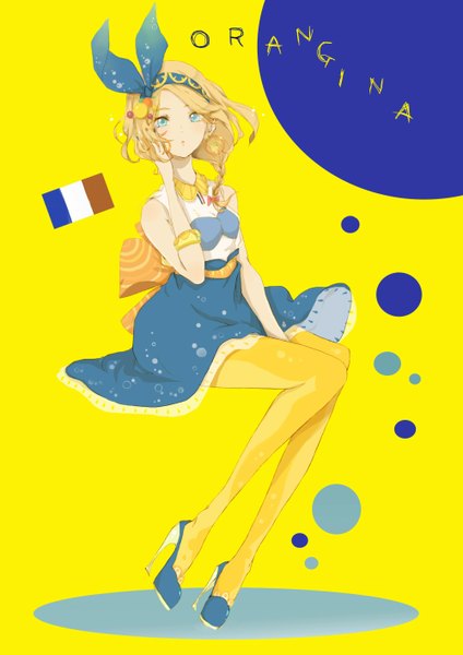 Anime picture 1000x1415 with original orangina saki (pixiv7355000) single tall image looking at viewer blush short hair open mouth blonde hair sitting bare shoulders full body aqua eyes high heels copyright name knees touching girl dress hair ornament
