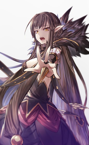 Anime picture 824x1335 with fate (series) fate/grand order fate/apocrypha semiramis (fate) teko single tall image looking at viewer fringe breasts open mouth black hair simple background standing white background bare shoulders yellow eyes very long hair fingernails pointy ears