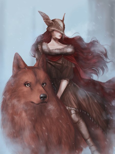 Anime picture 2000x2667 with elden ring malenia blade of miquella red wolf of radagon raviollies single long hair tall image highres looking away red hair wind fur trim riding girl animal fur cape helmet wolf