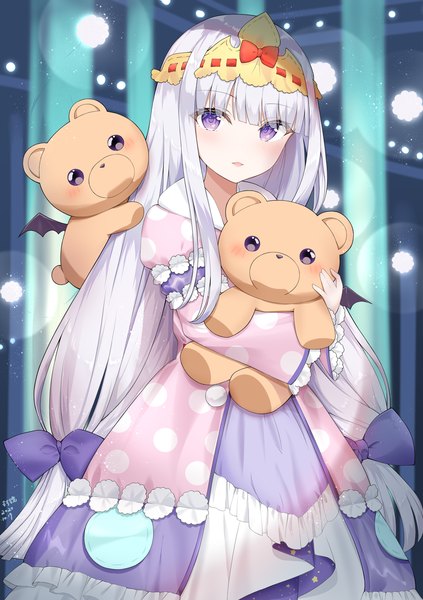 Anime picture 1206x1712 with maou-jou de oyasumi doga kobo aurora sya lis kaymin teddy demon ro esfera single long hair tall image looking at viewer blush fringe open mouth standing purple eyes holding signed silver hair blunt bangs long sleeves parted lips