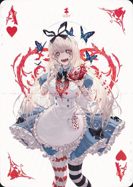 Anime picture 1069x1500 with alice in wonderland original alice (wonderland) wanke single long hair tall image looking at viewer fringe breasts open mouth blue eyes simple background smile hair between eyes standing white background holding white hair head tilt