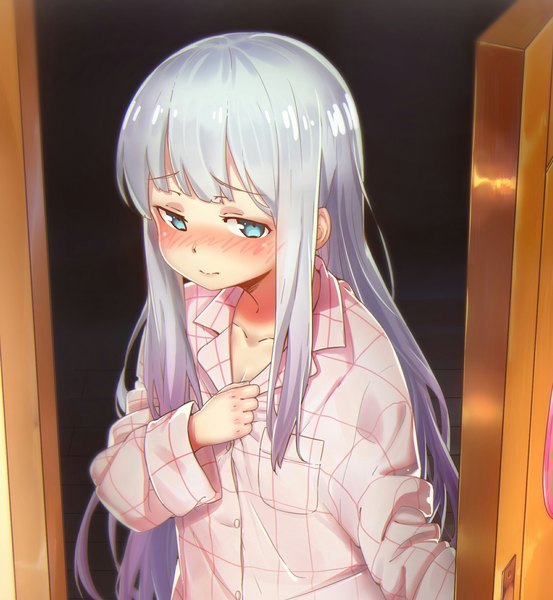 Anime picture 1682x1825 with eromanga sensei a-1 pictures izumi sagiri anson jun single long hair tall image looking at viewer blush fringe blue eyes light erotic silver hair long sleeves hand on chest cropped girl pajamas door