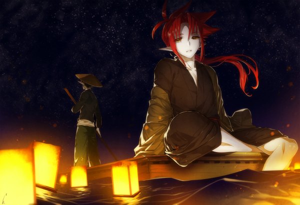 Anime picture 1500x1027 with original ot-nm looking at viewer fringe standing sitting sky red hair traditional clothes pointy ears from behind night multiple boys orange eyes back solo focus pale skin clenched teeth boy water