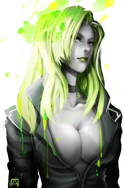 イラスト 864x1296 と pechan (artist) ソロ 長髪 長身像 おっぱい light erotic simple background 大きな乳房 白背景 green hair lips black eyes open clothes no bra open jacket lipstick green lipstick 女の子 ジャケット