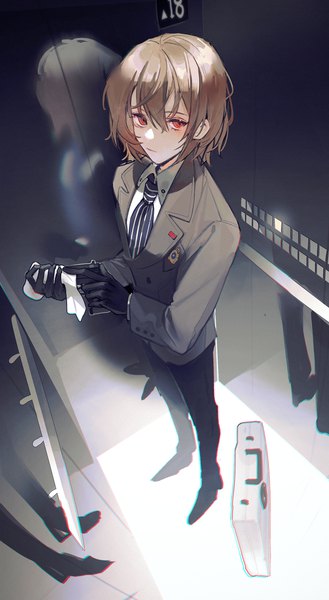 Anime picture 1592x2904 with persona 5 persona akechi gorou tindle single tall image fringe short hair hair between eyes red eyes brown hair standing full body indoors from above reflection boy gloves weapon black gloves