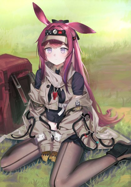 Anime-Bild 4038x5751 mit arknights ray (arknights) zapik single long hair tall image blush highres sitting purple eyes animal ears looking away pink hair absurdres outdoors long sleeves multicolored hair off shoulder two-tone hair bunny ears