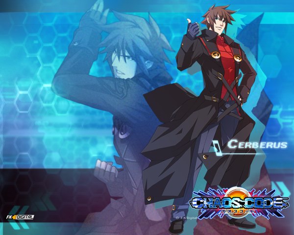 Anime picture 1280x1024 with chaos code cerberus (chaos code) single short hair blue eyes brown hair boy gloves cloak jeans fighting game