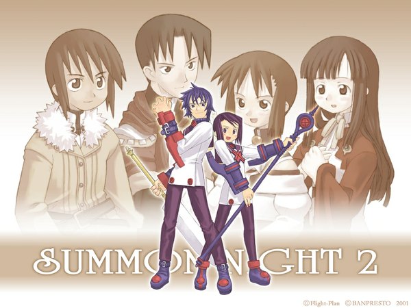 Anime picture 1024x768 with summon night summon night 2 toris (summon night) higuchi aya (summon night) hashimoto natsumi (summon night) fukazaki touya (summon night) magna (summon night) shindo hayato (summon night) long hair fringe short hair black hair standing purple eyes purple hair inscription multiple boys girl boy staff