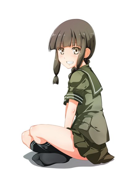 Anime picture 756x1051 with kantai collection kitakami light cruiser shinohara shinome single long hair tall image looking at viewer simple background smile brown hair white background sitting brown eyes girl socks black socks sailor suit