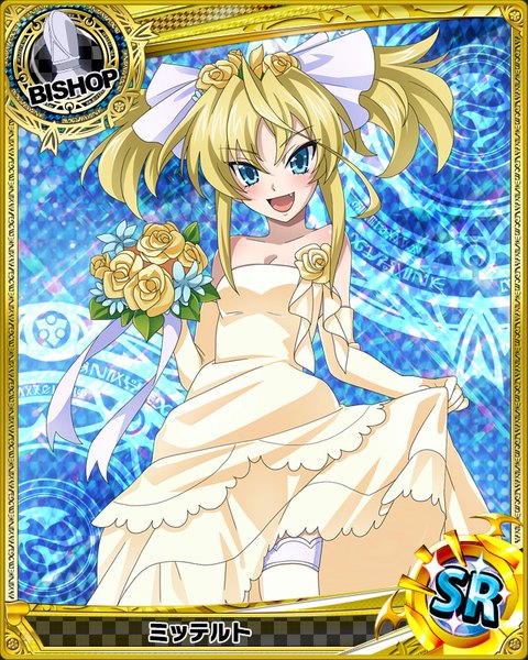 Anime picture 640x800 with highschool dxd mittelt single long hair tall image looking at viewer blush open mouth blue eyes blonde hair twintails card (medium) girl thighhighs dress gloves flower (flowers) white thighhighs elbow gloves white gloves