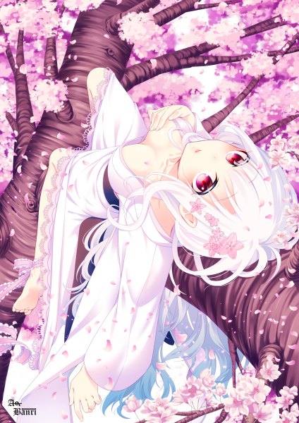 Anime picture 848x1200 with original banri single long hair tall image looking at viewer blush breasts open mouth light erotic red eyes white hair traditional clothes japanese clothes cherry blossoms girl plant (plants) petals tree (trees) kimono