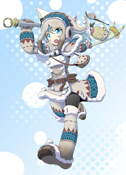 Anime picture 689x960 with monster hunter monster hunter (character) mana12 tall image blush open mouth blue eyes girl weapon cap winter clothes
