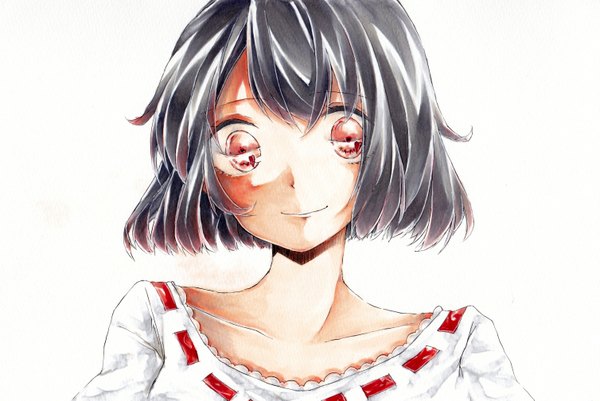 Anime picture 1507x1009 with original kawana (spicaboy) single looking at viewer blush short hair black hair simple background smile red eyes white background portrait girl