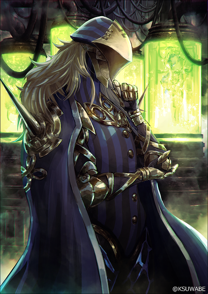 Anime picture 629x888 with fate (series) fate/apocrypha avicebron (fate) k-suwabe single long hair tall image blonde hair standing signed indoors twitter username striped boy armor cloak helmet spaulder (spaulders) gauntlets spikes