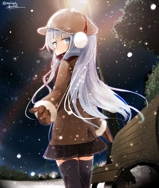 Anime picture 850x1000 with kantai collection hibiki destroyer maszom single long hair tall image looking at viewer blush smile standing signed silver hair outdoors blunt bangs long sleeves pleated skirt looking back aqua eyes light smile night