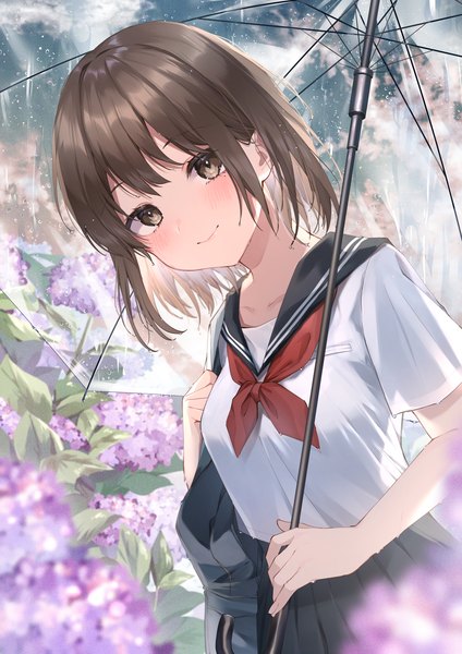 Anime picture 2894x4093 with original harui (hr x9 ) single tall image looking at viewer blush fringe highres short hair smile brown hair standing holding brown eyes sky cloud (clouds) outdoors blunt bangs pleated skirt short sleeves