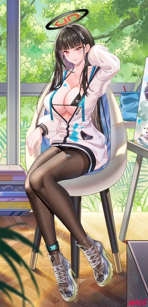 Anime picture 1300x2700 with blue archive rio (blue archive) asrkty single long hair tall image looking at viewer blush breasts light erotic black hair red eyes large breasts sitting signed cleavage full body bent knee (knees) parted lips arm up