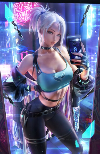 Anime picture 2266x3500 with valorant jett (valorant) sakimichan single tall image looking at viewer fringe highres short hair breasts light erotic standing holding cleavage silver hair ponytail nail polish aqua eyes fingernails realistic