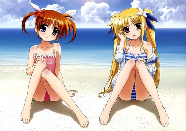 Anime picture 4099x2892 with mahou shoujo lyrical nanoha fate testarossa takamachi nanoha long hair blush highres blonde hair red eyes twintails purple eyes multiple girls absurdres hair flower orange hair beach girl hair ornament 2 girls swimsuit sea