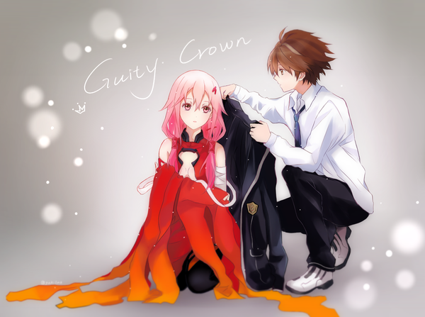 Anime picture 1449x1081 with guilty crown production i.g yuzuriha inori ouma shu yukilus long hair fringe short hair breasts open mouth light erotic simple background hair between eyes brown hair sitting twintails bare shoulders holding brown eyes signed