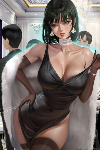 Anime picture 2339x3508 with one-punch man madhouse fubuki (one-punch man) zumi (zumidraws) tall image fringe highres short hair breasts light erotic large breasts standing green eyes signed looking away indoors blunt bangs green hair lips realistic