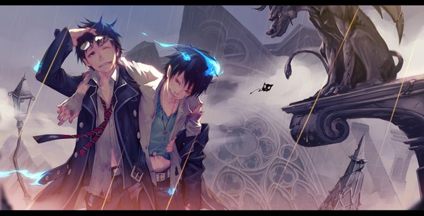 Anime picture 2000x1022 with ao no exorcist a-1 pictures okumura rin okumura yukio monq (artist) highres short hair blue eyes black hair smile wide image one eye closed horn (horns) pointy ears wink multiple boys torn clothes glowing rain open collar