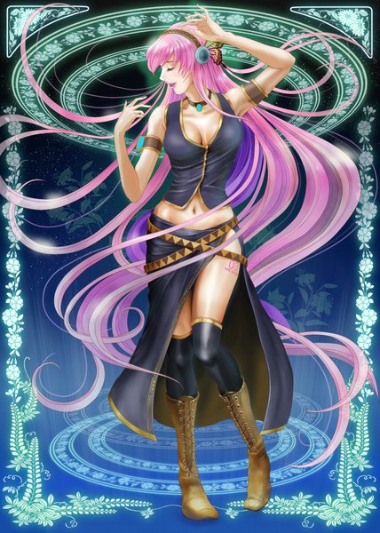 Anime picture 1500x2100 with vocaloid magnet (vocaloid) megurine luka mai (b9035796) long hair tall image pink hair cleavage eyes closed very long hair girl thighhighs navel black thighhighs boots headphones
