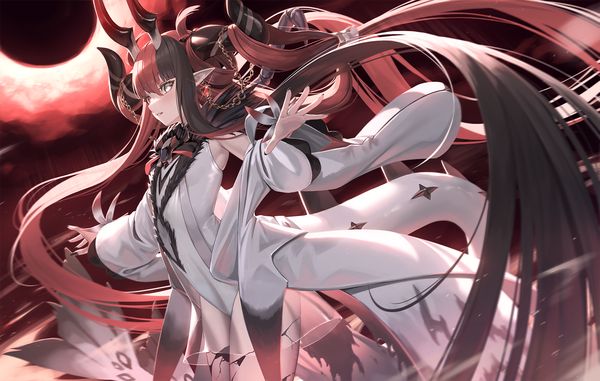 Anime picture 1576x1000 with alchemy stars schummer (alchemy stars) suraimu (suraimuraimu) single fringe black hair hair between eyes red eyes standing yellow eyes looking away outdoors red hair tail very long hair nail polish multicolored hair horn (horns) fingernails pointy ears