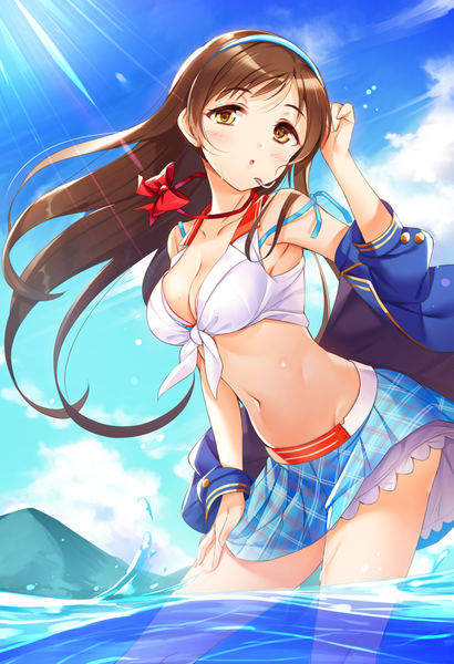Anime picture 1103x1614 with idolmaster idolmaster cinderella girls nitta minami chiro (norishiro michiro) single long hair tall image looking at viewer blush fringe breasts open mouth light erotic brown hair large breasts standing brown eyes sky cleavage cloud (clouds)