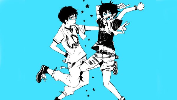 Anime picture 1351x767 with ao no exorcist a-1 pictures okumura rin okumura yukio tagme (artist) short hair open mouth simple background wide image monochrome blue background siblings brothers towel around neck boy glasses shorts star (symbol) towel