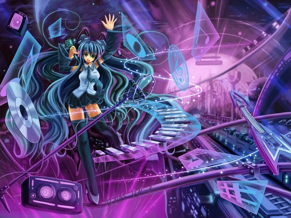 Anime picture 1600x1200 with vocaloid hatsune miku hoshi no gen single smile green eyes blue hair very long hair girl thighhighs detached sleeves headphones microphone microphone stand