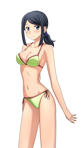 Anime picture 743x1350 with mobile suit gundam gundam build fighters sunrise (studio) misaki (gundam bf) kenken single tall image blush short hair breasts light erotic black hair simple background white background black eyes low ponytail girl navel swimsuit bikini