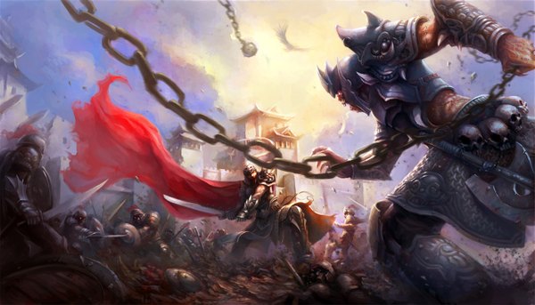 Anime picture 1417x811 with redpeggy open mouth wide image realistic battle demon boy weapon animal sword armor bird (birds) chain cloak skull helmet castle people shield