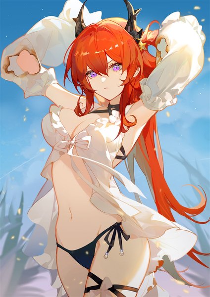 Anime picture 1000x1414 with arknights surtr (arknights) surtr (colorful wonderland) (arknights) indai (3330425) single long hair tall image fringe breasts light erotic hair between eyes purple eyes red hair horn (horns) arms up torn clothes official alternate costume girl navel swimsuit