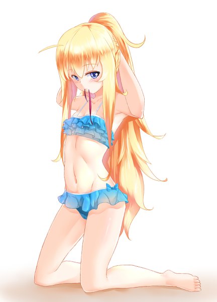 Anime picture 1800x2500 with gabriel dropout doga kobo tenma gabriel white king (pixiv 4005620) single long hair tall image looking at viewer blush fringe highres blue eyes light erotic simple background blonde hair hair between eyes white background holding full body ahoge