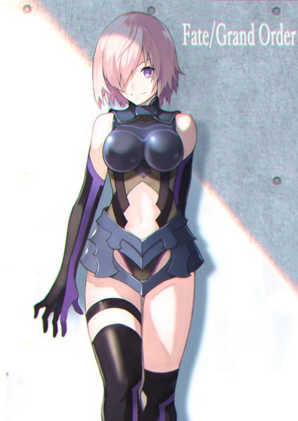 Anime picture 1060x1500 with fate (series) fate/grand order mash kyrielight yoshio (55level) single tall image fringe short hair breasts light erotic smile purple eyes pink hair hair over one eye copyright name against wall girl gloves elbow gloves wall