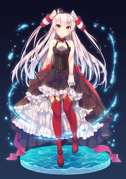 Anime picture 1157x1637 with kantai collection amatsukaze destroyer tahya single long hair tall image looking at viewer blush fringe smile hair between eyes standing bare shoulders yellow eyes full body white hair sparkle two side up alternate costume standing on one leg