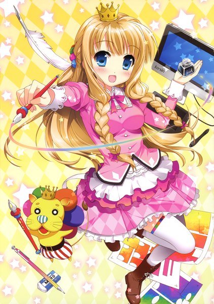 Anime picture 2460x3500 with fujima takuya single long hair tall image blush highres open mouth blue eyes blonde hair braid (braids) checkered checkered background girl thighhighs dress white thighhighs frills star (symbol) feather (feathers) pen