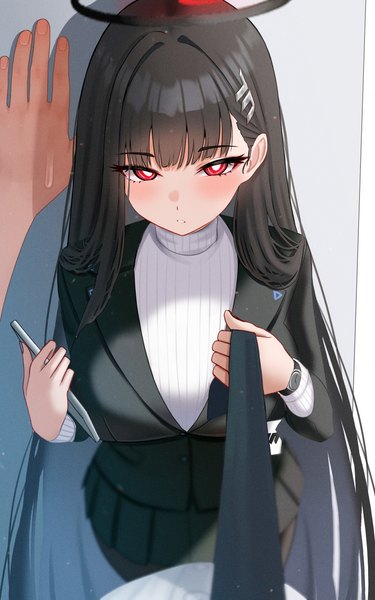 Anime-Bild 2500x4000 mit blue archive rio (blue archive) sensei (blue archive) mijikayo (user eyyx8247) long hair tall image looking at viewer blush fringe highres breasts black hair red eyes standing holding blunt bangs long sleeves parted lips solo focus pov