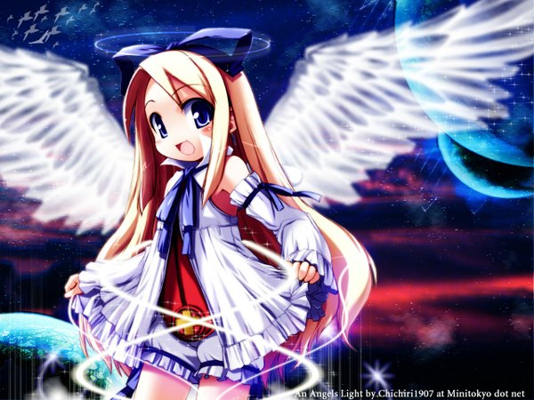 Anime picture 1280x960 with disgaea flonne haga yui wallpaper dress ribbon (ribbons) wings planet