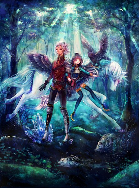 Anime picture 1399x1890 with original pixiv fantasia pixiv fantasia fallen kings long hair tall image short hair yellow eyes purple hair tail animal tail pink eyes horn (horns) pointy ears sunlight holding hands sunbeam multicolored eyes river skeleton bird girl