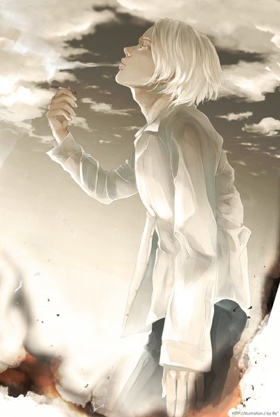 Anime picture 775x1150 with original re (artist) single tall image short hair standing sky cloud (clouds) white hair profile lips smoke smoking boy shirt pants cigarette