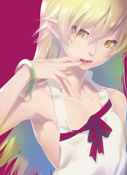 Anime picture 800x1106 with bakemonogatari shaft (studio) monogatari (series) oshino shinobu nilitsu single long hair tall image looking at viewer fringe breasts open mouth simple background blonde hair yellow eyes lips pointy ears loli fang (fangs) finger to mouth