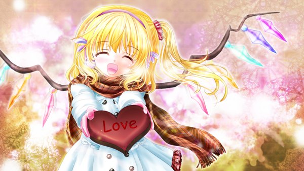 Anime picture 1280x720 with touhou flandre scarlet tsukiori sasa blush short hair open mouth blonde hair smile wide image eyes closed one side up valentine girl dress wings heart hairband scarf crystal