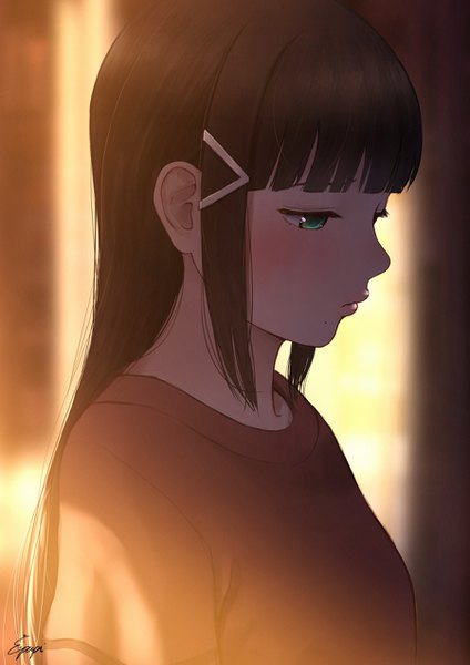 Anime picture 900x1273 with love live! sunshine!! sunrise (studio) love live! kurosawa dia papi (papiron100) single long hair tall image fringe brown hair green eyes signed looking away upper body blunt bangs profile sunlight mole looking down mole under mouth