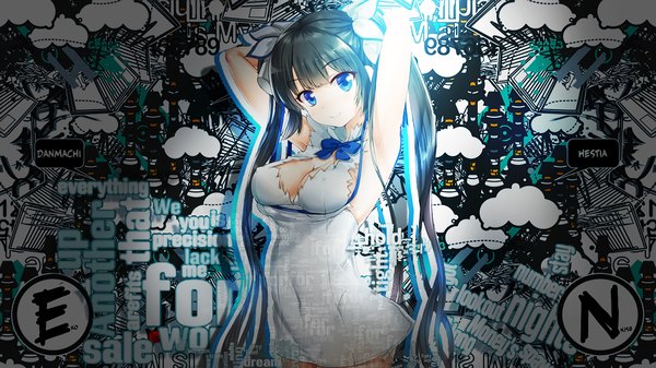 Anime picture 1920x1080 with dungeon ni deai wo motomeru no wa machigatteiru darou ka j.c. staff hestia (danmachi) redeye27 single long hair looking at viewer fringe highres blue eyes light erotic black hair smile wide image twintails cleavage wallpaper copyright name character names covered navel