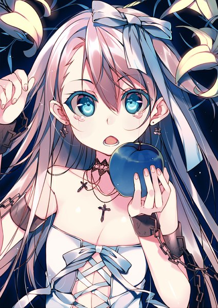 Anime picture 678x959 with original kureaki (exit) single long hair tall image looking at viewer fringe open mouth blue eyes light erotic bare shoulders holding blue hair multicolored hair grey hair night teeth sparkle night sky tears