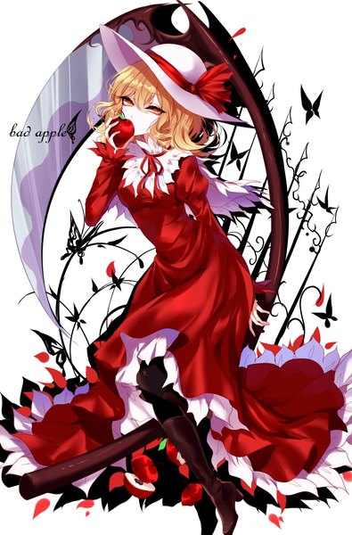 Anime picture 2500x3800 with touhou elly (touhou) sheya single long hair tall image looking at viewer fringe highres blonde hair hair between eyes white background yellow eyes long sleeves text english girl dress weapon hat